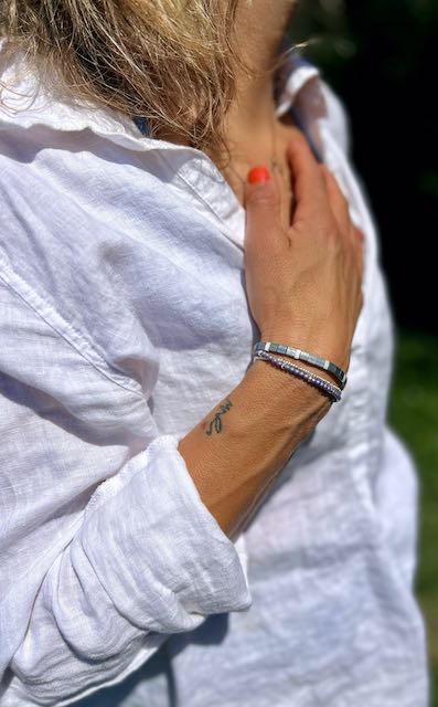 Slate Grey-Blue & Silver Patterned Tila Bead Stacked Bracelet Set