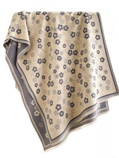 Blue & Creamy White Reversible Scarvii Floral Shawl & Scarf