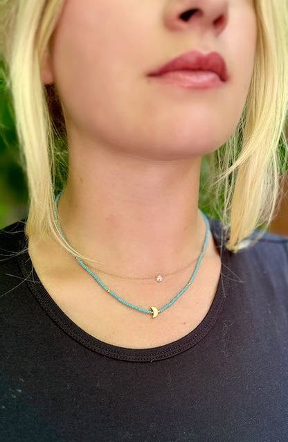 Eucalyptus Green Moon Boho Beaded Necklace with Gold Moon Charm