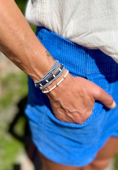 Classic Navy & White Tila Bead Stacked Bracelet Set