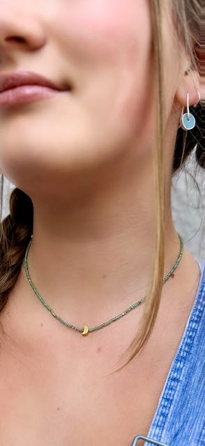 Speckled Green Stretch Seed Bead Boho Necklace with Gold Crescent Moon Charm – Handmade Minimalist Jewelry