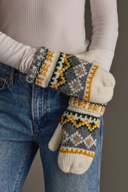 Ivory, Green, Gray  & Gold Patterned Mittens