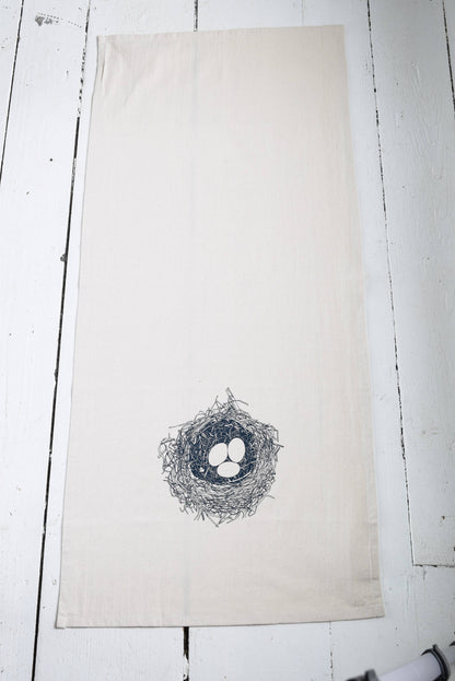 Navy Blue Organic Cotton Bird's Nest Printed Tea Towel