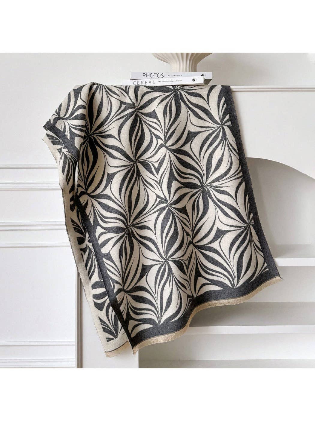 Grey & Creamy White Plush Reversible Scarvii Floral Print Scarf & Shawl