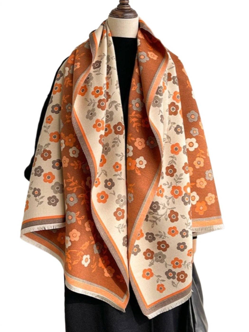 Retro Orange & Creamy White Reversible Scarvii Floral Shawl & Scarf