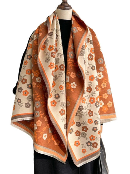 Retro Orange & Creamy White Reversible Scarvii Floral Shawl & Scarf