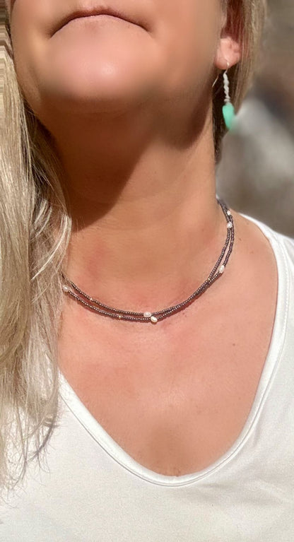 Steel Grey 2-in-1 Seed Bead & Freshwater Pearl Bracelet/Necklace
