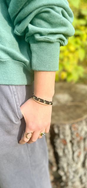 Black & Mossy Green Tila Bead Stacked Bracelet Set