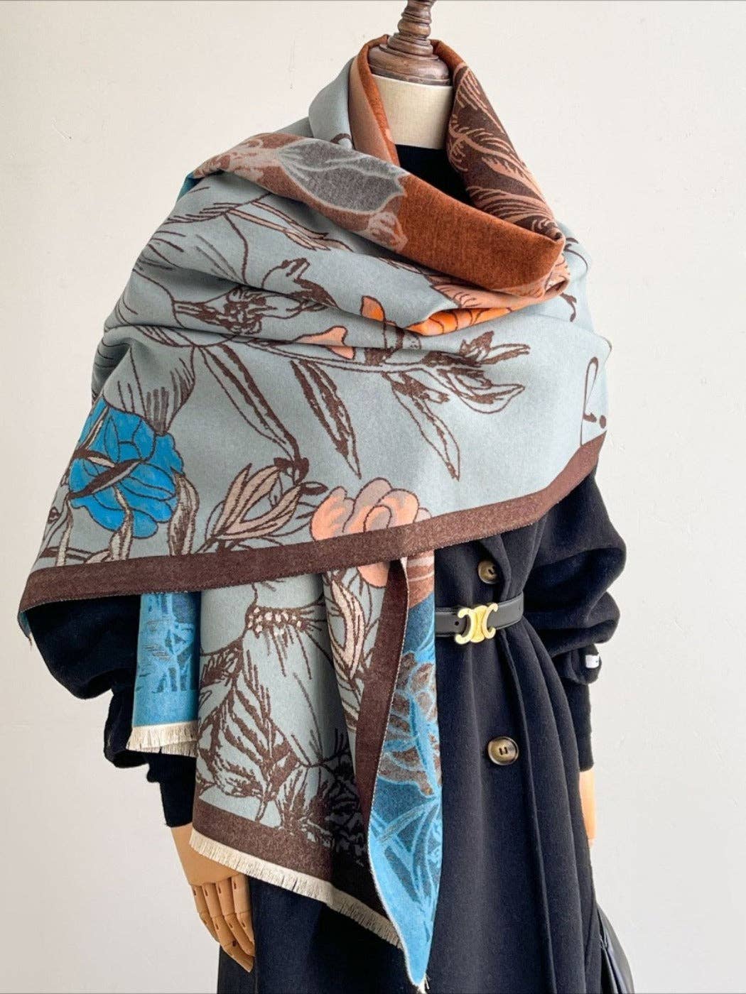 Reversible Floral Print Scarf & Shawl – Blue & Orange