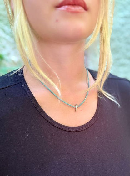 Baby Blue Boho Beaded Necklace with Sterling Silver Bird Charm