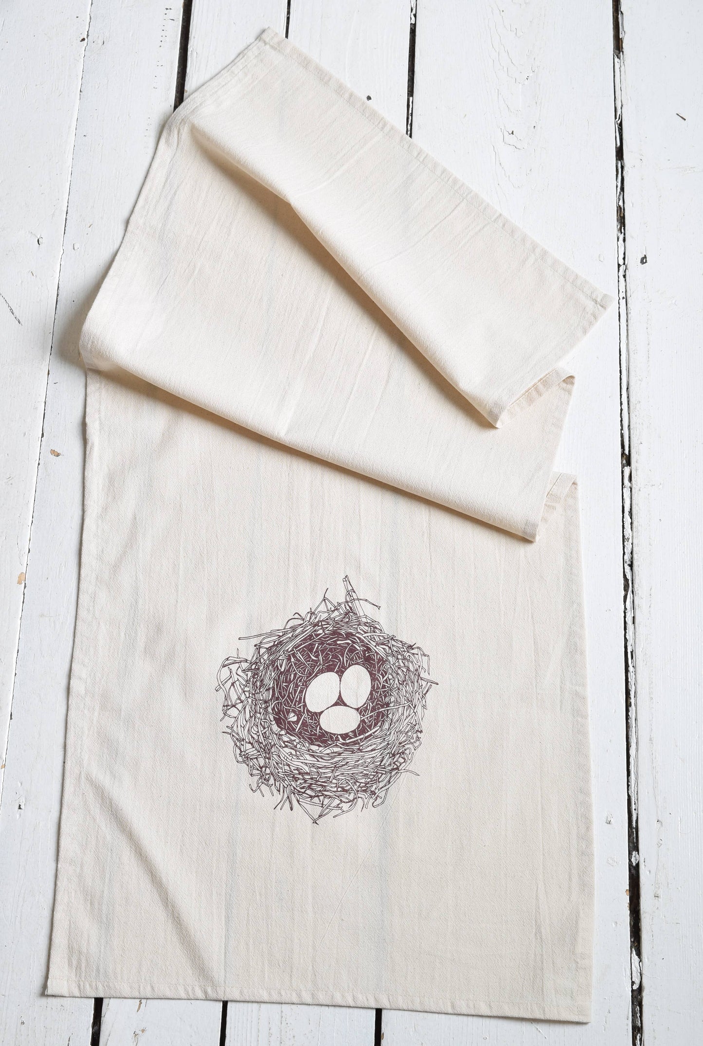 Brown Organic Cotton Bird's Nest Printed Tea Towel