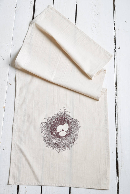Brown Organic Cotton Bird's Nest Printed Tea Towel