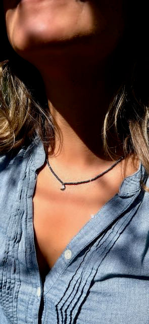 Steel Gray Boho Beaded Necklace with Silver Moon Charm