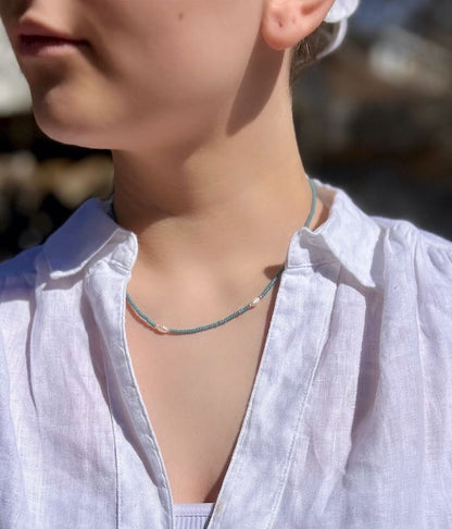 Stretchy Pale Blue Seed Bead & Freshwater Pearl Sprinkled Necklace