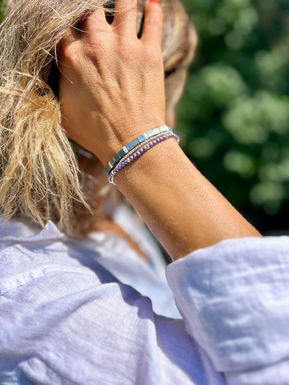 Slate Grey-Blue & Silver Patterned Tila Bead Stacked Bracelet Set
