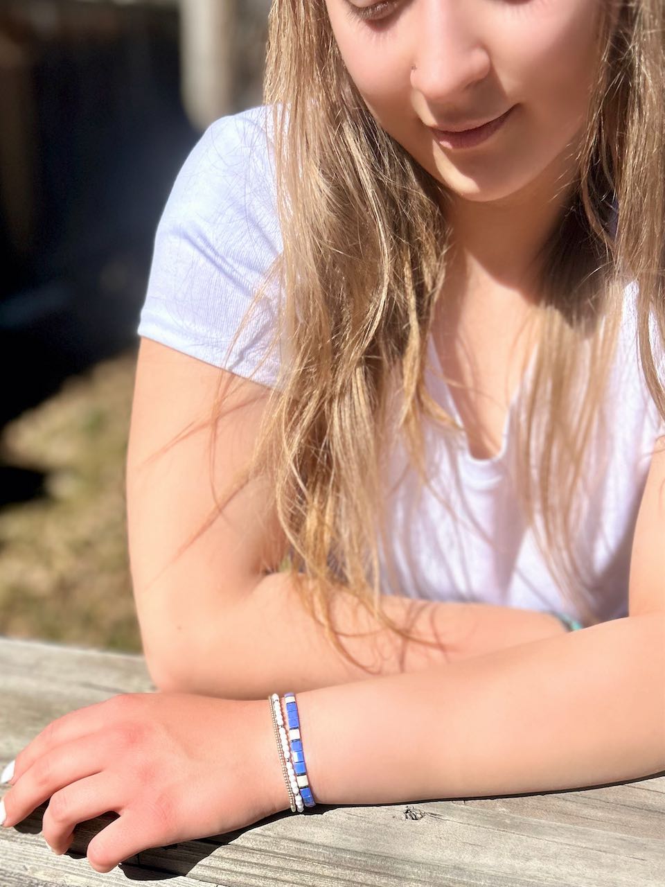 Cornflower Blue & White Tila Bead Stacked Bracelet Set