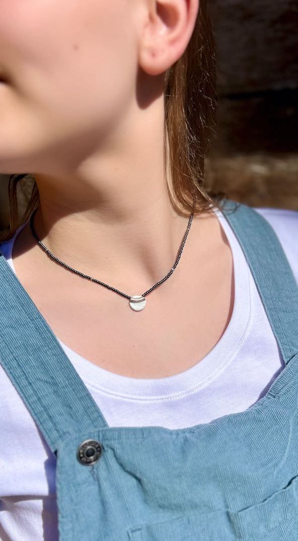 Steel Gray Boho Beaded Necklace with Pure Silver Circle Pendant