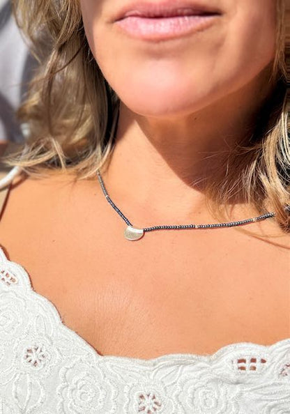 Steel Gray Boho Beaded Necklace with Pure Silver Circle Pendant