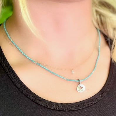 Baby Blue Boho Beaded Necklace with Hammered Silver Circle Charm