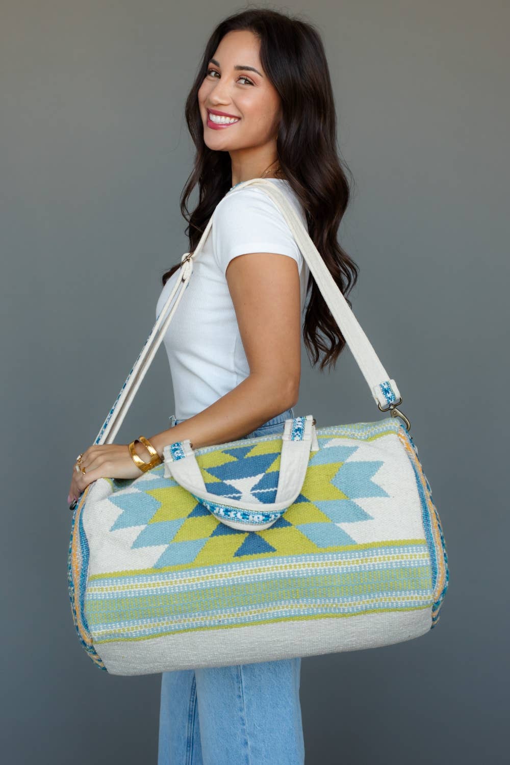 Cream, Blue & Lime Western Duffel