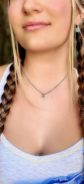 Speckled Green Stretchy Seed Bead Boho Necklace with Sterling Silver Daisy Stamped Charm