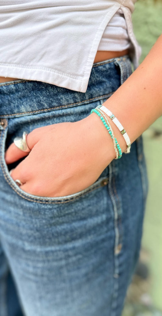 Bright White & Speckled Turquoise With Silver or Gold Stretchy Tila Bead Bracelet Set