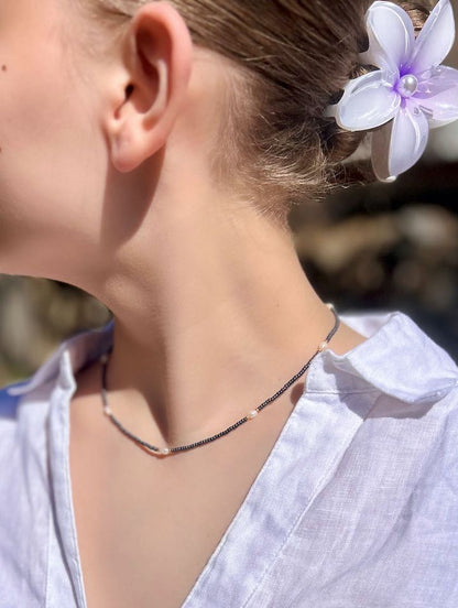 Stretchy Steel Gray Seed Bead & Freshwater Pearl Sprinkled Necklace