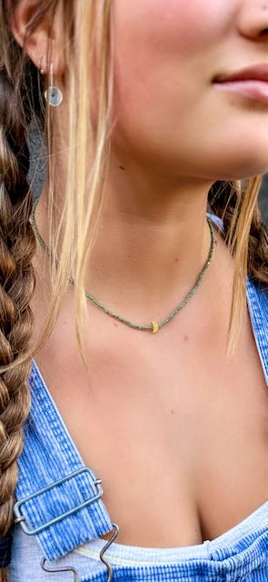 Speckled Green Stretch Seed Bead Boho Necklace with Gold Crescent Moon Charm – Handmade Minimalist Jewelry
