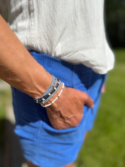 Classic Navy & White Tila Bead Stacked Bracelet Set