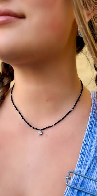 Black Stretchy Boho Seed Bead Necklace with Antique Silver Star Charm