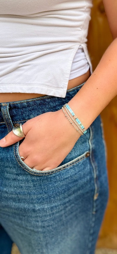 Icy Blue & Steel Grey Gold or Silver Stretchy Tila Bead Bracelet Stack