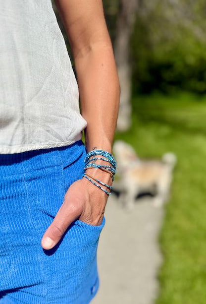 Mixed Blue Gold or Silver Striped Beaded Wrap Bracelet/Necklace