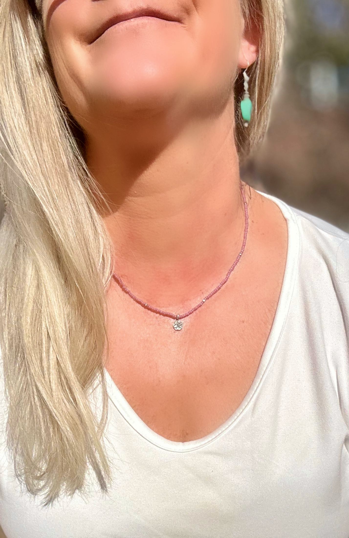 Pale Pink Stretchy Seed Bead Boho Necklace with Sterling Silver Daisy Stamped Charm