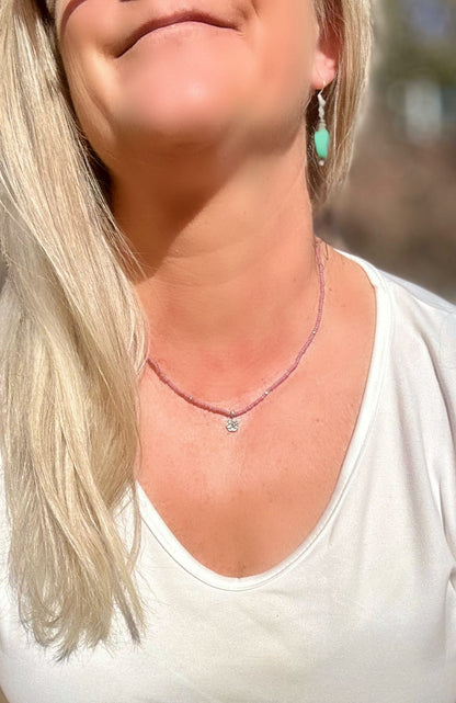 Pale Pink Stretchy Seed Bead Boho Necklace with Sterling Silver Daisy Stamped Charm