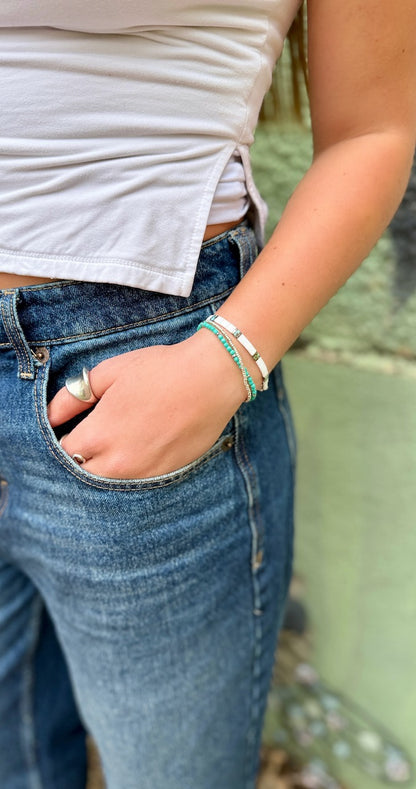 Bright White & Speckled Turquoise With Silver or Gold Stretchy Tila Bead Bracelet Set