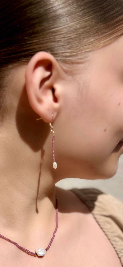 Navy Blue Seed Bead & Freshwater Pearl Dangle Earrings