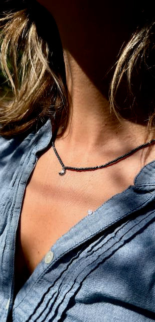 Steel Gray Boho Beaded Necklace with Silver Moon Charm