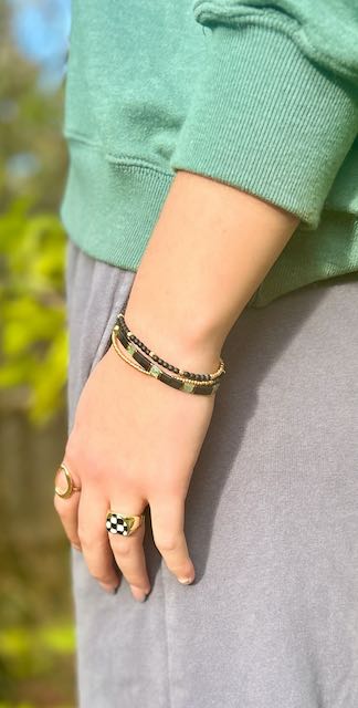 Black & Mossy Green Tila Bead Stacked Bracelet Set