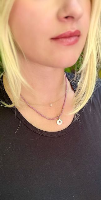 Pale Pink Boho Beaded Necklace with Hammered Silver Circle Charm