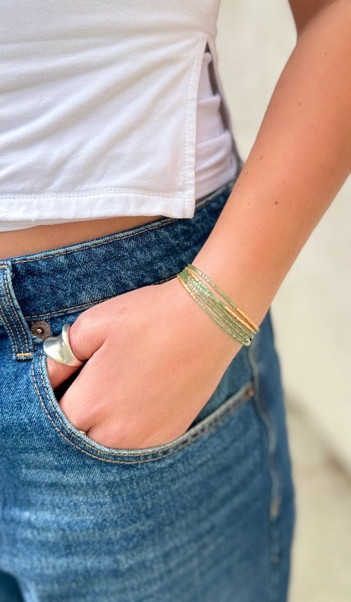 Crystal Cut Forest Green Seed Bead 5-Wrap Bracelet Stack or Necklace in Gold or Silver Stripes