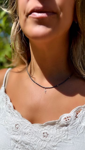 Steel Gray Boho Beaded Necklace with Gold Lightning Bolt Charm