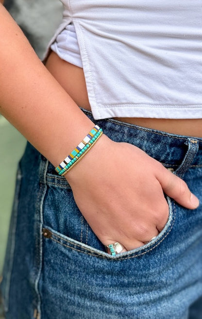 Coastal Mosaic Stretchy Tila Bracelet Set with Turquoise in Gold or Silver
