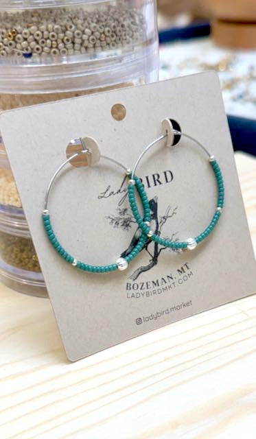 Eucalyptus Green & Silver Boho Seed Bead Hoop Earrings