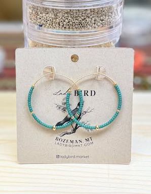 Eucalyptus Green & Gold Boho Seed Bead Hoop Earrings