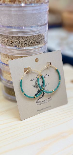 Eucalyptus Green & Gold Boho Seed Bead Hoop Earrings