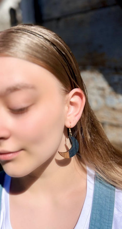 Crescent Moon Walnut Wood & Black Resin Pendant Earrings