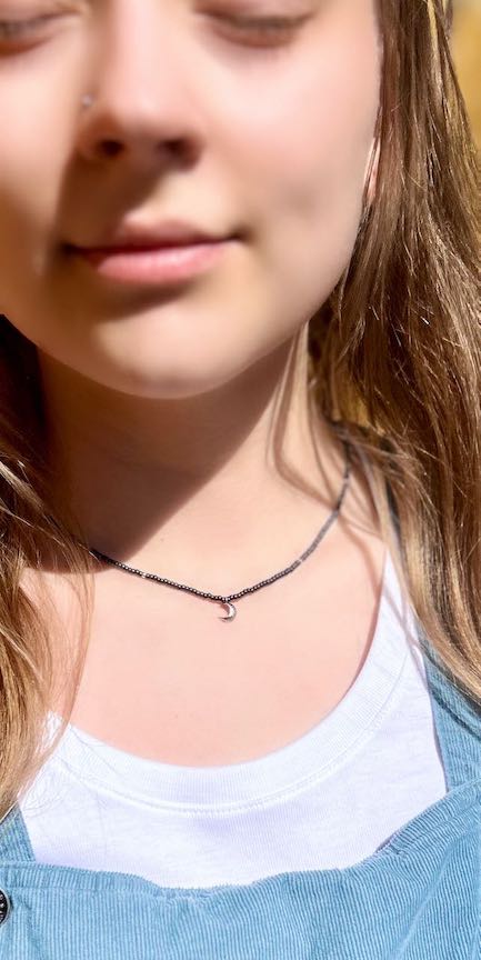 Steel Gray Boho Beaded Necklace with Silver Moon Charm