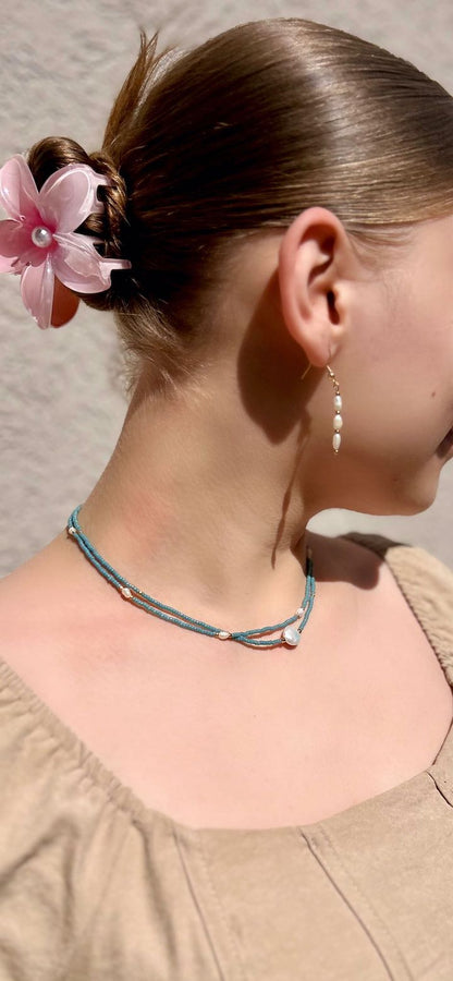 Stretchy Pale Blue Seed Bead & Freshwater Pearl Coin Necklace