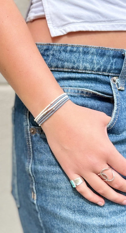 Denim Blue & Creamy White Seed Bead Wrap Bracelet Stack or Necklace with Gold or Silver