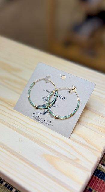 Frosted Green and Gold Boho Seed Beaded Hoop Earrings